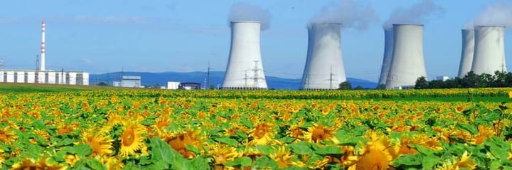 Een kerncentrale in een veld vol met zonnebloemen.